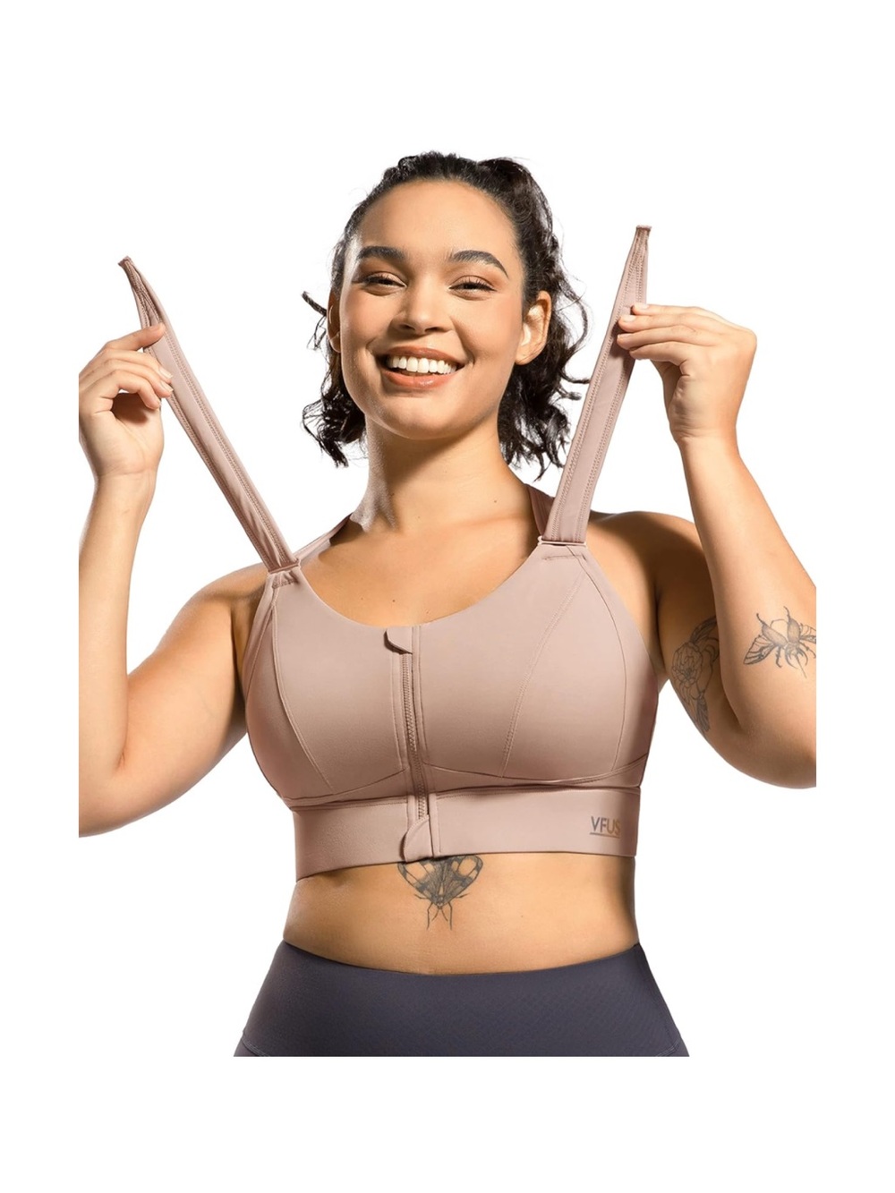 VFUS Zip Front Adjustable High Impact Sports Bra XL Taupe